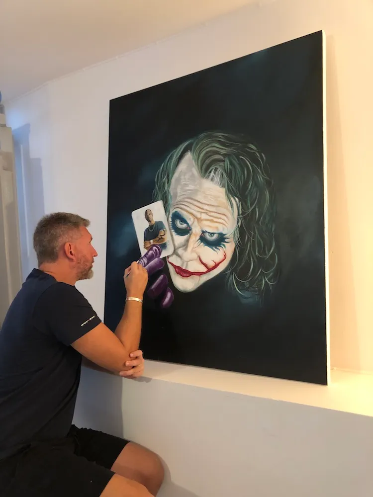Porträtt av Heath Ledger som Jokern målat i olja på kanvas av Nicklas Larenholtz